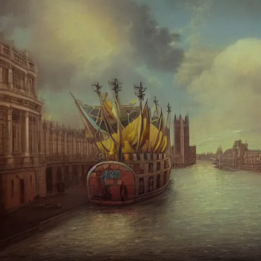 Image similar to surrealistic boat steamimg through the streets of London