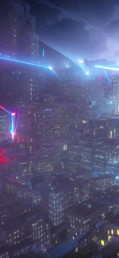 Image similar to unreal engine 5 render of a city with lasers coming out of the clouds, digital art ”