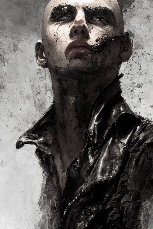 Image similar to a rough looking young man, shaved head, gothic, tattered leather coat, intricate, elegant, dramatic lighting, rugged face, highly detailed, lifelike, photorealistic, digital painting, artstation, illustration, concept art, smooth, sharp focus, art by John Collier and Albert Aublet and Krenz Cushart and Artem Demura and Alphonse Mucha