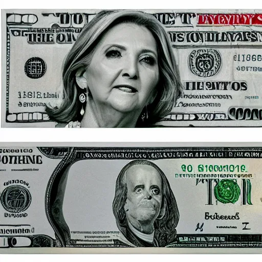 Prompt: comcast throwing a wad of dollar bills at marsha blackburn