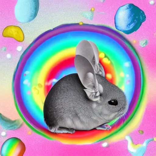 Image similar to cosmic chinchilla pooping rainbow jellybeans, in space, jellybeans behind chinchilla