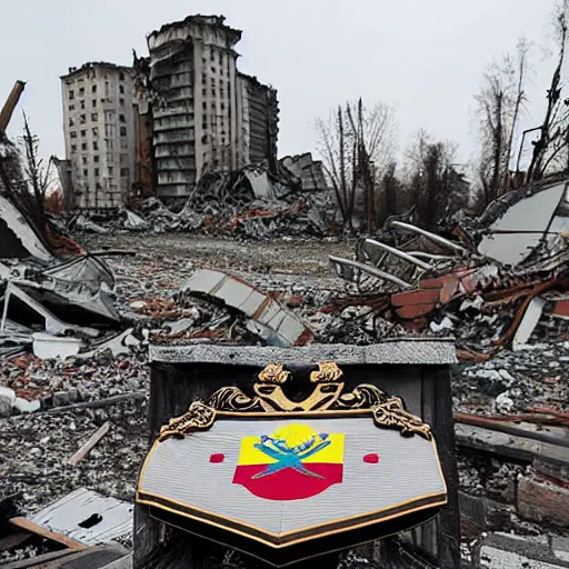 Image similar to the coat of arms of ukraine, against the background of the destroyed city