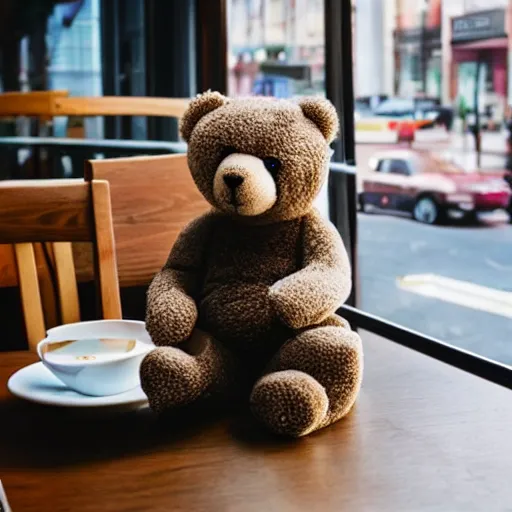 Image similar to teddy bear sitting in a cafe using a laptop, city streets in window, cinematic, highly detailed