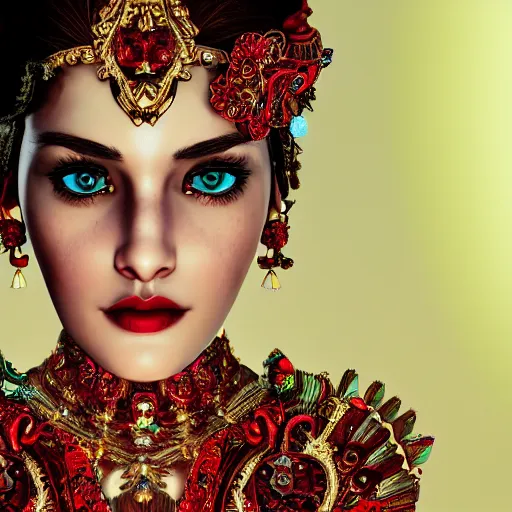 Image similar to photograph of wonderful princess with smooth fair skin, alluring eyes, red jewelry, breathtaking, elegant, ornate, intricate, hyper detailed, accent lighting, dramatic light, 4 k octane render