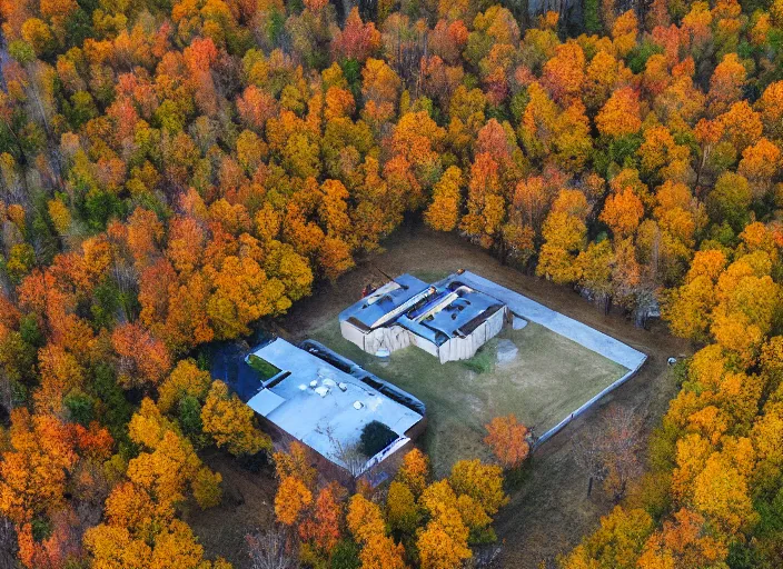 Image similar to low drone shot of a ranch style Juvenile Detention Center middle of the Woods during autumn