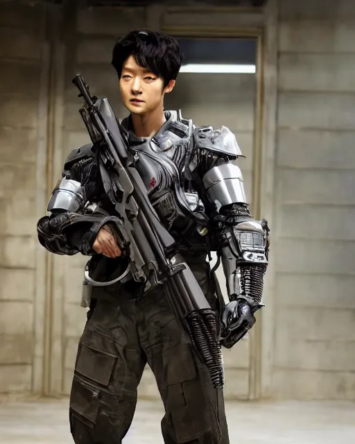 Image similar to Korean Actor Park Solomon as Kazuki Fuse in Live Action Jin Roh: The Wolf Brigade, wearing full armor holding his MG 42 machine Gun, Studio Lighting, Mamoru Ushii