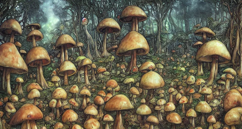 Prompt: A tribal village in a forest of giant mushrooms, by Brian Froud