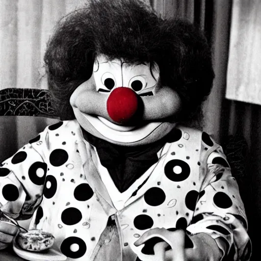 Image similar to Bozo the clown having tea with pizza.