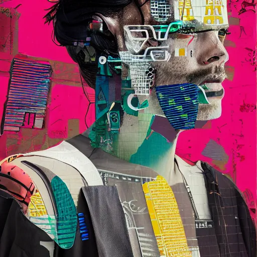 Prompt: Roman cyberpunk God, collage, minimal style, digital painting, 4k, HDR, vernacular, fashion, smooth, sharp focus, art by Sandra Chevrier, John Hoyland, teamLab