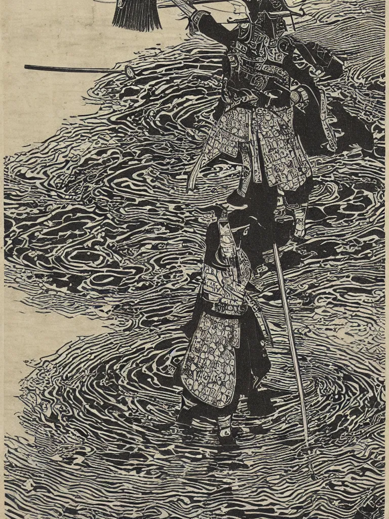 Prompt: old printmaking woodblock print of a intricately detailed samurai with a katana standing in water with ripples around him, a big sun above. beautiful dark fantasy, 8k detail