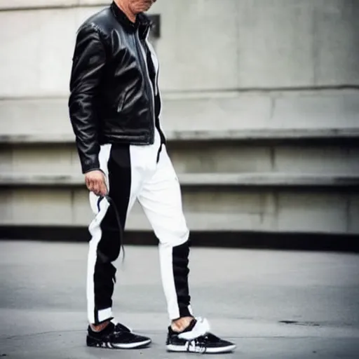Prompt: sad middle aged man. black leather jacket, white adidas pants. full body