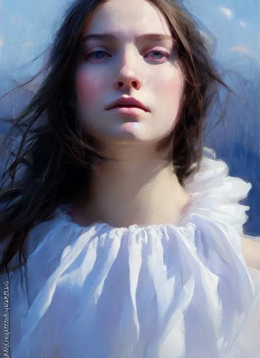 Image similar to portrait of girl dressed in white clothes , countryside, fantasy character portrait, dynamic pose, above view, view from above, sunny day, thunder clouds in the sky, artwork by Jeremy Lipkin and Giuseppe Dangelico Pino and Michael Garmash and rob rey, very coherent symmetrical artwork, perfect face, simple form, 100mm