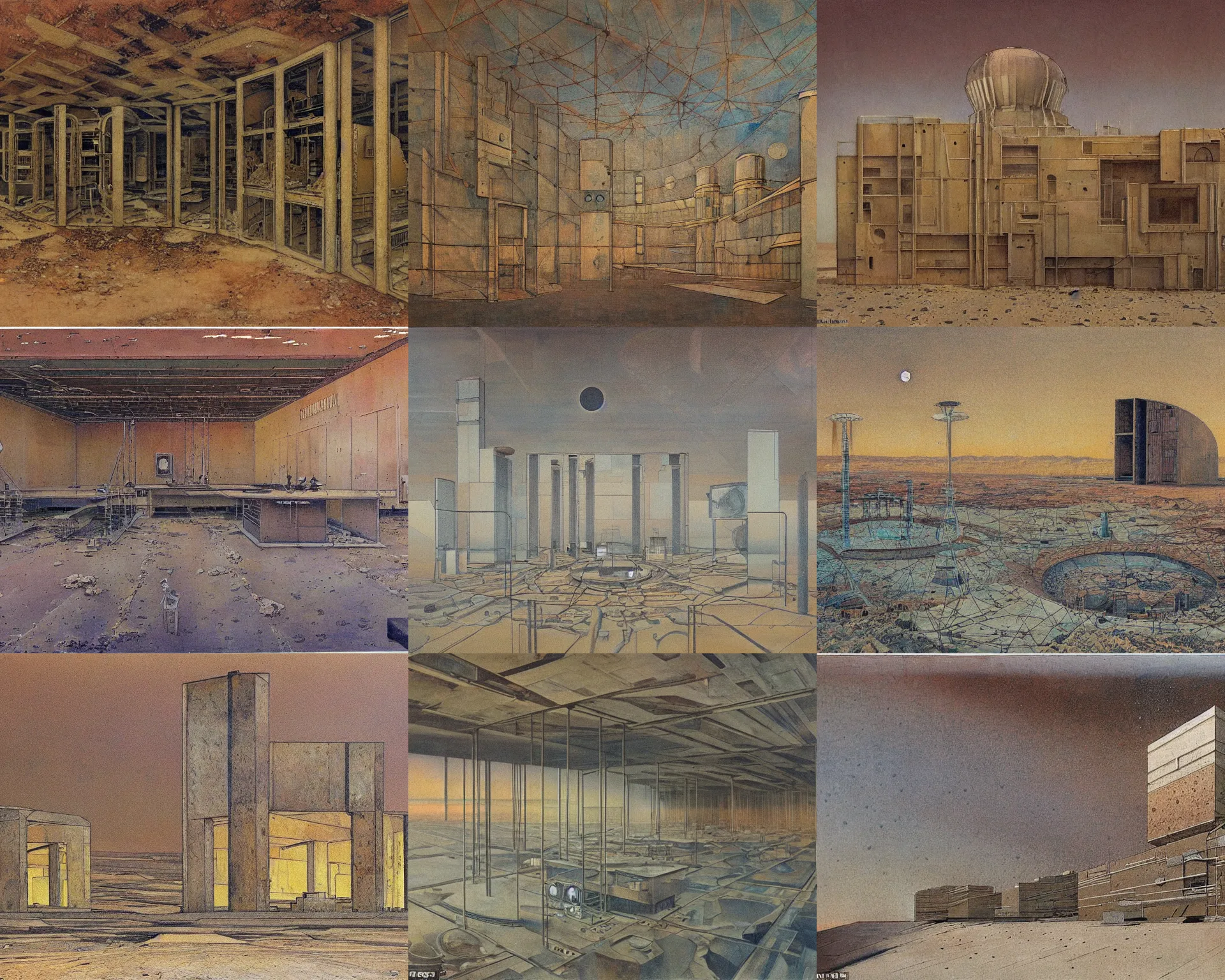 Prompt: a highly detailed painting by mikalojus konstantinas ciurlionis of a mysterious government science lab in the middle of the great basin desert. it was built to research super powers and has sat abandoned since the mid - 1 9 7 0 s. brutalist architecture.