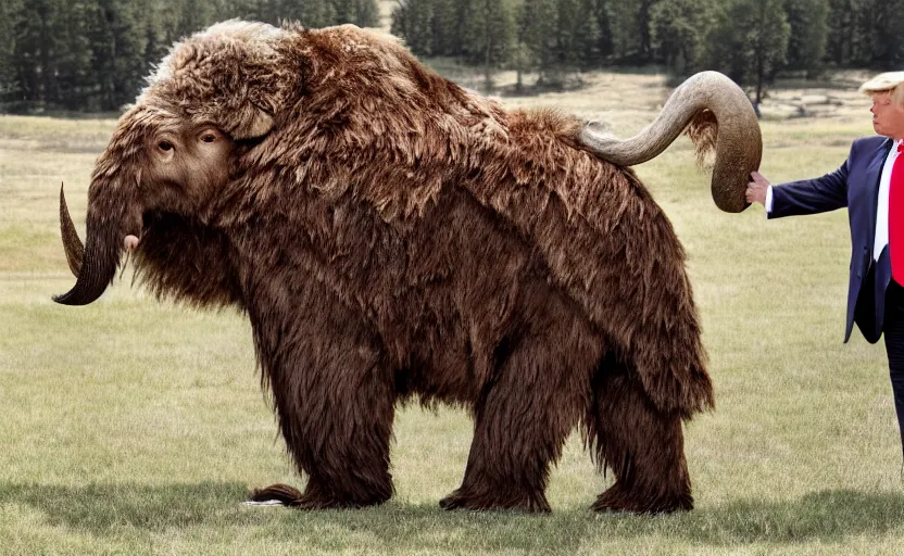 Image similar to Donald Trump in a baby mammoth costume , with an open face