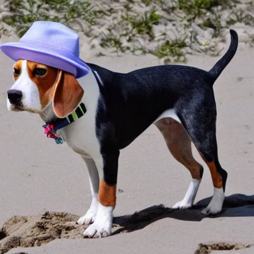 Image similar to a beagle in summer beach wearing hat