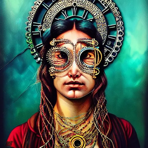 Image similar to portrait of chitral woman :: side profile :: in ocean :: clockwork details :: gold :: blood and horror :: by vikings and Sandra Chevrier