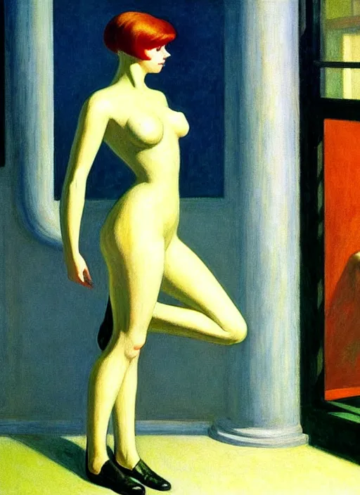 Prompt: image of beautyful female android steampunk by edward hopper,