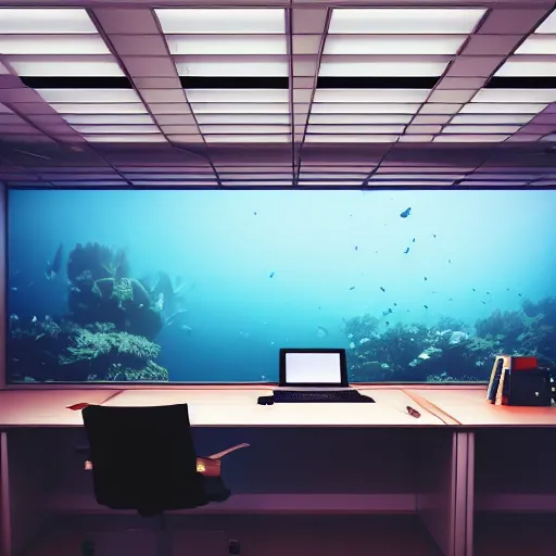 Image similar to photo of an office desk, underwater, cinematic