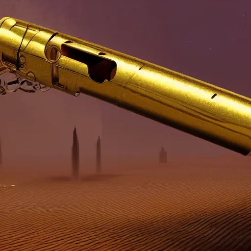 Image similar to a ray gun on a gold velvet background, unreal engine, 8k, masterpiece, Zdzislaw Beksinski and Zdzisław Beksiński