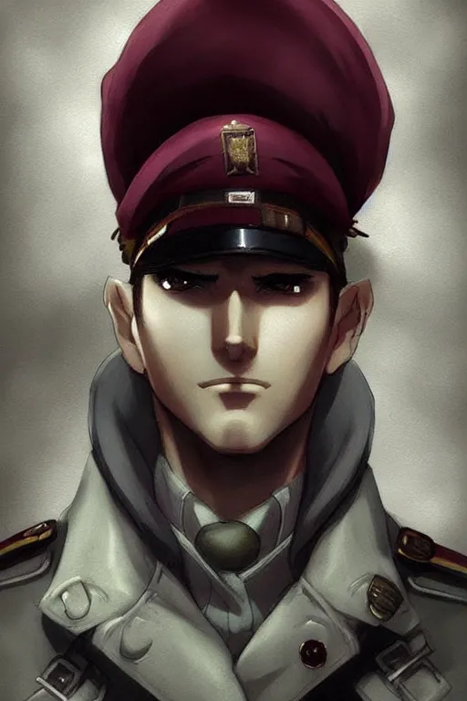 Image similar to beautiful portrait commission military clothes maroon beret. Atmospheric. Character design by charlie bowater, ross tran, artgerm, and makoto shinkai, detailed, inked, western comic book art. male anthro!!! fruit bat