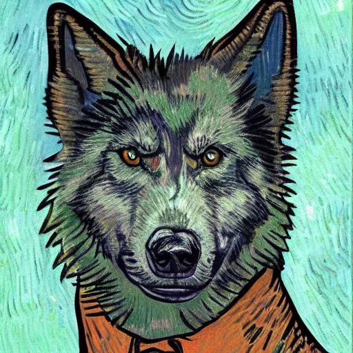 Prompt: retarded wolf portrait, van gogh style