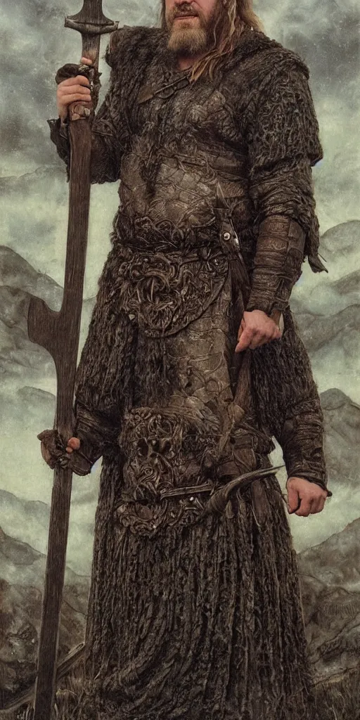 Image similar to david harbour wearing viking clothing and holding an axe by Gerald Brom