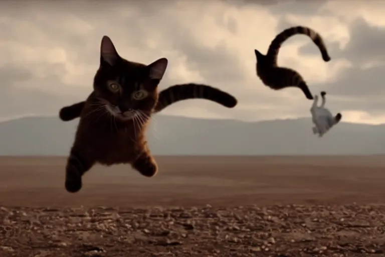 Image similar to a cat jumping off a plane with a parachute, cinematic composition, action