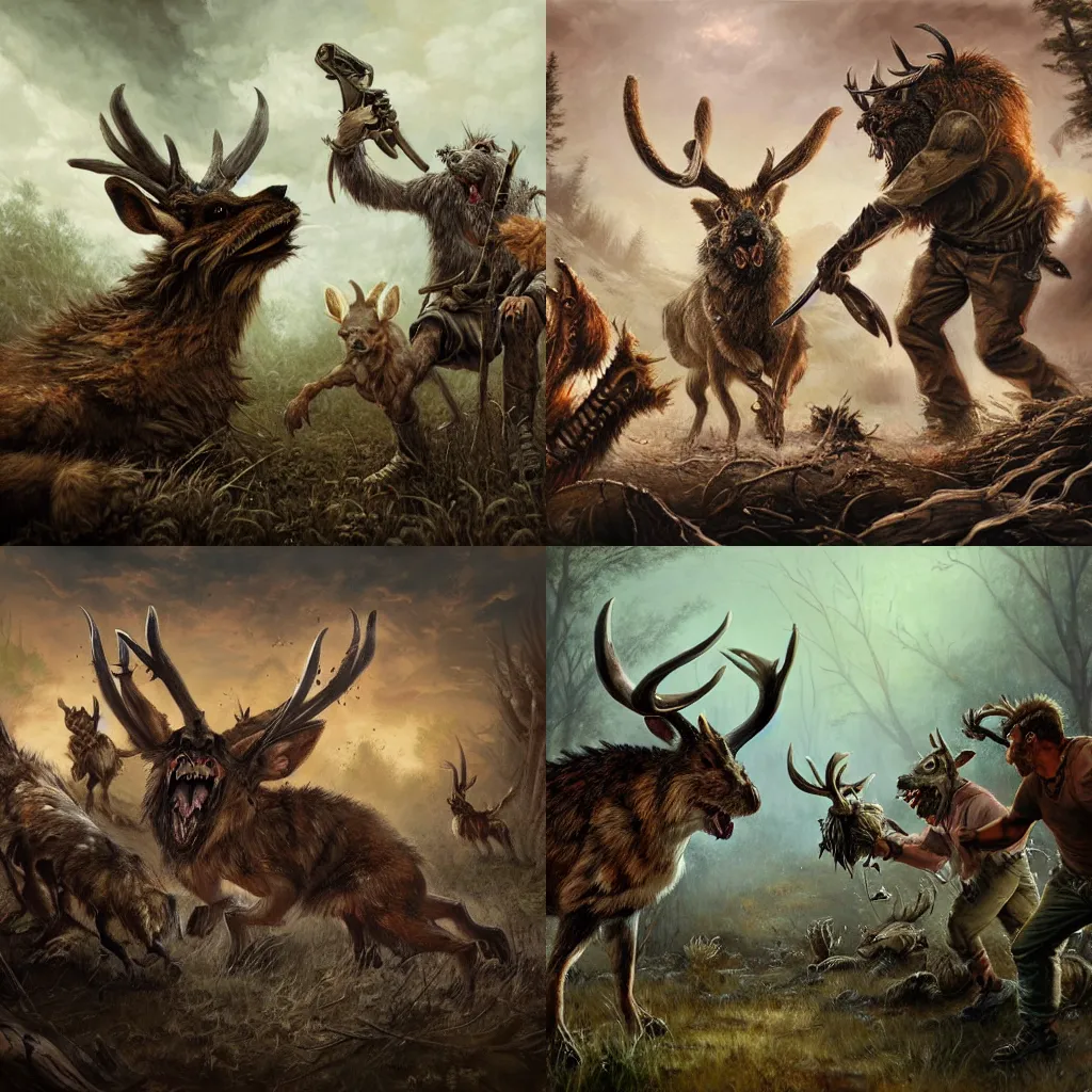 Prompt: a highly expressive painting of the gnoll hunting party hunting a rabid jackalope, by kinkade and lecouffe-deharme, dramatic composition, dusty atmosphere, dirt spray, artstation