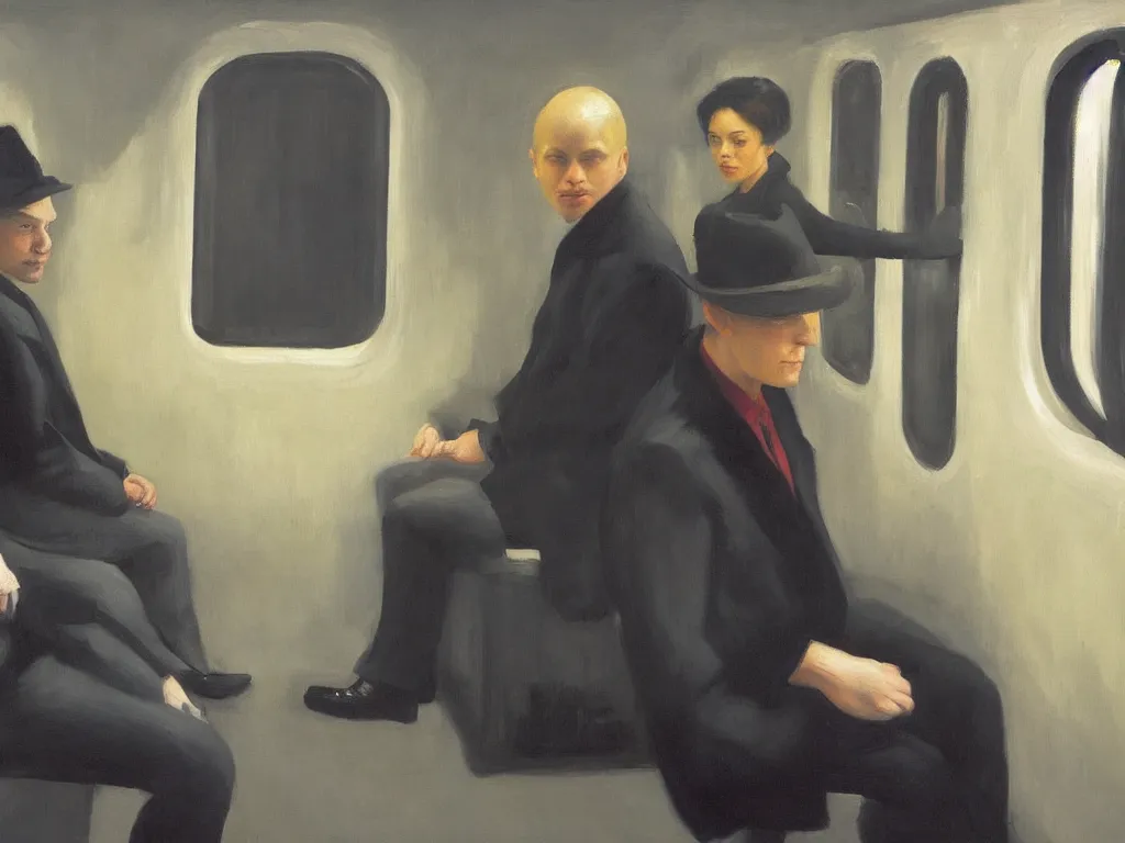 Prompt: an oil painting by Edward Hopper, 3/4 low angle view wide shot of two people sitting in an empty Chicago subway train, in front of windows: a sad Aubrey Plaza in a parka and a friendly Mads Mikkelsen in a suit