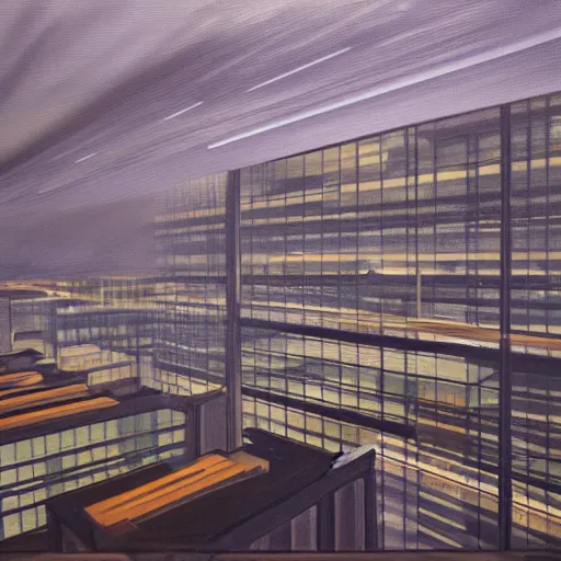 Prompt: a sad painting of an endless expanse of corporate cubicles Cinematic, hyper realism, dramatic lighting, high detail 8k