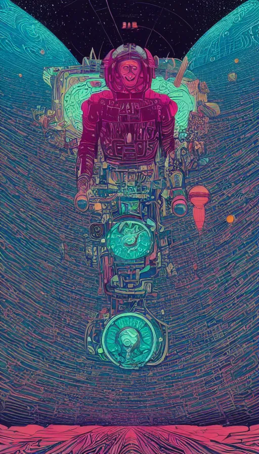 Image similar to the psychedelic adventures of the cosmic time travellers travelling through the multiverse, futurism, dan mumford, victo ngai, kilian eng, da vinci, josan gonzalez