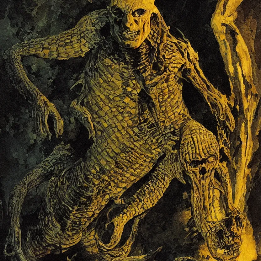 Image similar to close - up view of a reptile mummy emerging from a glowing ancient tomb. pulp sci - fi horror by basil gogos, vincent difate, sanjulian, and emsh. sharp focus. highly detailed illustration. dark background