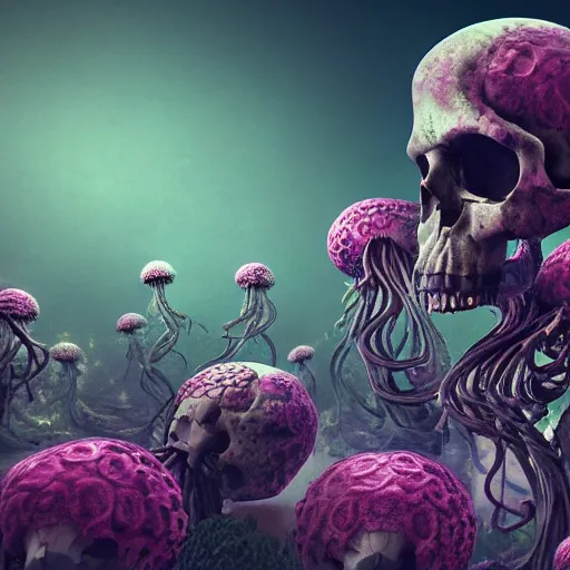 Image similar to a human Skull mutating into flowers, tentacles, unnatural shapes, surrounded by jellyfish tentacles reaching out, coherent human Skull, insects, chaotic octane render, 3d digital art by beeple, unreal engine 5, award winning,