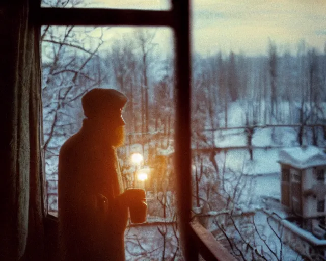 Image similar to lomographic tarkovsky film still of 4 0 years russian man with beard and sweater standing on small hrushevka 9 th floor balcony with cup of tea in winter taiga looking at sunset, cinestill, bokeh