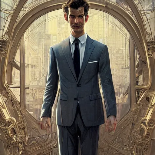 Image similar to full figure ultra realistic illustration, andrew garfield as business man, intricate, elegant, highly detailed, digital painting, artstation, concept art, smooth, sharp focus, illustration, art by artgerm and greg rutkowski and alphonse mucha