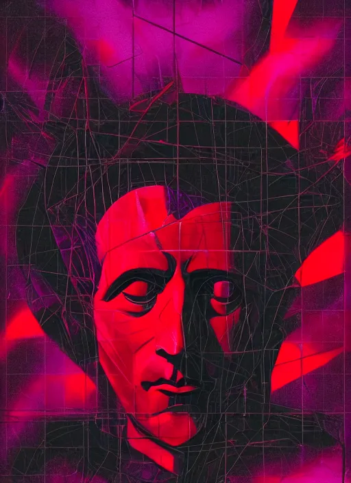 Prompt: black background with subtle red and purple design elements, statue of julius caesar, nekro, abstract art, thin lines, dark, glitch art, neo vaporwave, gritty, layout frame, trending on artstation