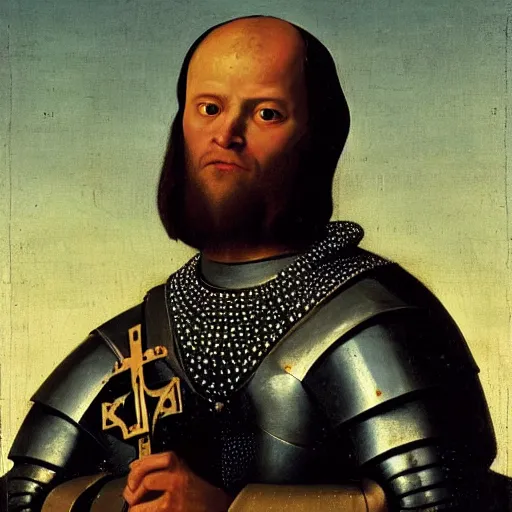 Prompt: portrait painting of a medieval knight holding a golden cross by George Stubbs, renaissance painting, oil painting, old master