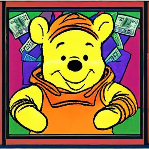 Prompt: winnie the pooh wearing a coogi sweater, fanning large amounts of dollar bills. in the style of cd cover art