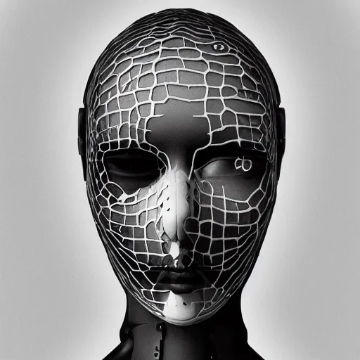 Image similar to black and white dreamy foggy smoky profile face portrait, single skeletal biomechanical beautiful young female cyclops - cyborg - robot bust, body ribs meshes,, volumetric light, rim light, by dora maar and cecile beaton, big gothic fashion pearl embroidered collar, 8 k