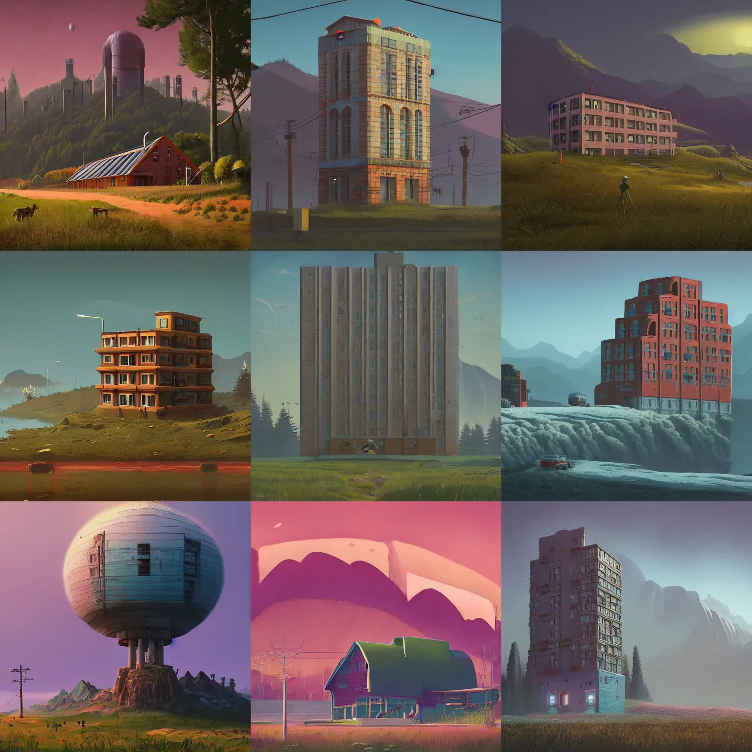 Prompt: a building in a stunning landscape in the style of simon stalenhag