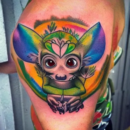 Image similar to shoulder tattoo of a multicolored hallucinogenis meditating cute bush baby, eyes are glowing rainbow spirals, long fur, happy mood, surrounded with colorful magic mushrooms and rainbow marihuana leaves, insanely integrate