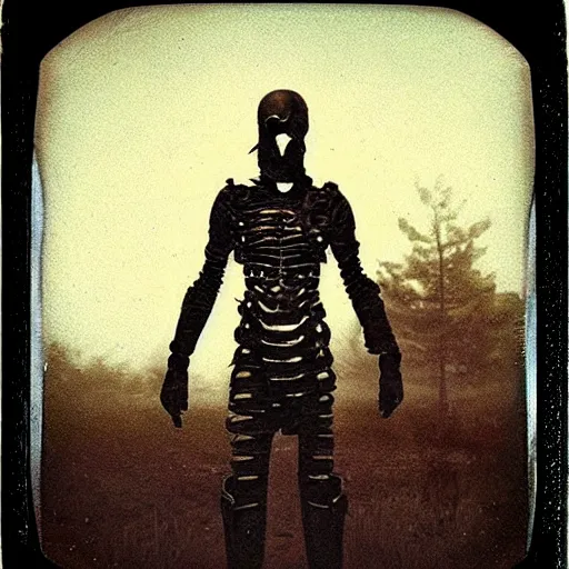 Image similar to full-body dark creepy gothic realistic found photograph polaroid a decapitated soldier with futuristic elements. he welcomes you under with no head, empty helmet inside is occult mystical symbolism headless full-length view. standing on ancient altar eldritch energies disturbing frightening, hyper realism, 8k, sharpened depth of field, 3D