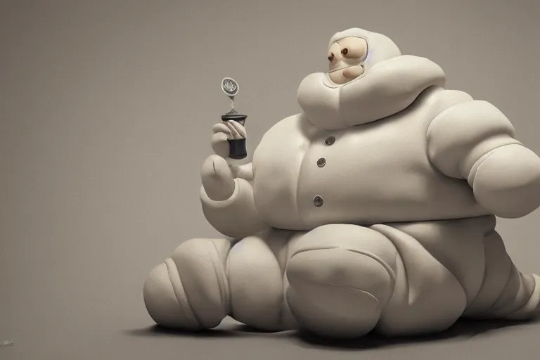 Image similar to a porcelain model of the Michelin Man Bibendum, sculpture, photograph, studio lighting, product photography, advertising photography, pottery, figurine, octane render