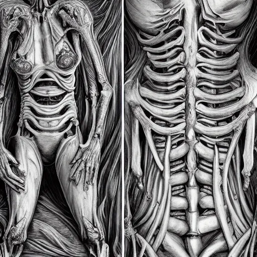 Image similar to cinematic scene of a detailed and intricate design of the back of full woman body and a baby fetus wrapped in bones, close up, rea, intrincate, in the style of giger, studio shot, dark shadows, creepy, nightmarish, dynamic lighting, great finesse organic hyper detailed, engineering blueprints, technical drawings, calculus, stained paper, hyperrealistic, ultra detailed, 16K, unreal engine, trending on artstation