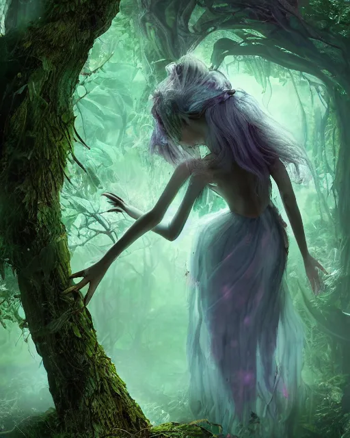 Image similar to a doomed fairy walking towards a ravenous, horrific portal to hades embedded in a creepy tree in a densely overgrown, magical jungle, fantasy, dreamlike sunraise, stopped in time, dreamlike light incidence, ultra realistic