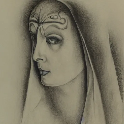 Image similar to Norma Desmond, pencil drawing. El Greco, Remedios Varo, Salvador Dali, Carl Gustav Carus, John Atkinson Grimshaw. Blue tint. Symetrical, logo, geometric shapes.