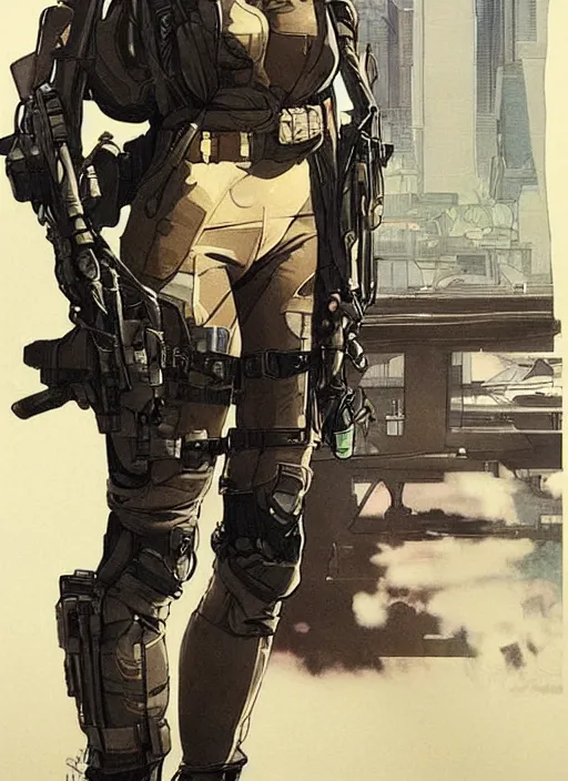 Prompt: Selina. USN special forces operator looking at city skyline. Agent wearing Futuristic stealth suit. rb6s Concept art by James Gurney, Alphonso Mucha.