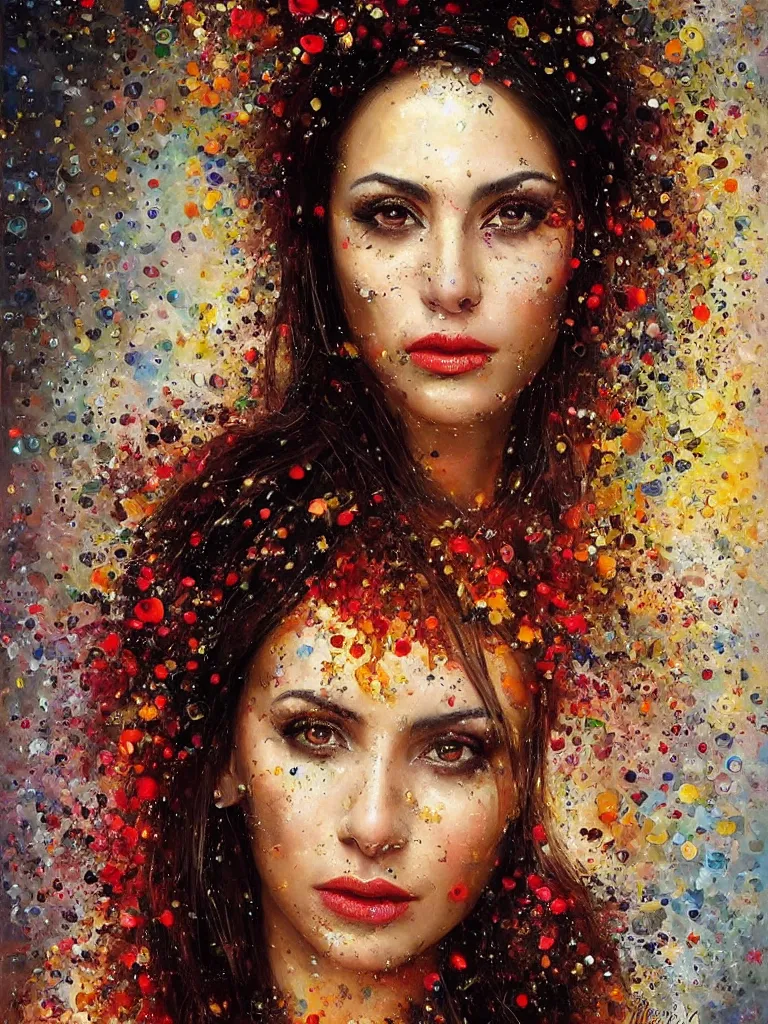 Image similar to “gorgeous elegant splatterpunk portrait of a stunning Armenian woman by Mark Arian, oil on canvas, masterpiece, realism, piercing gaze, autumn bokeh”