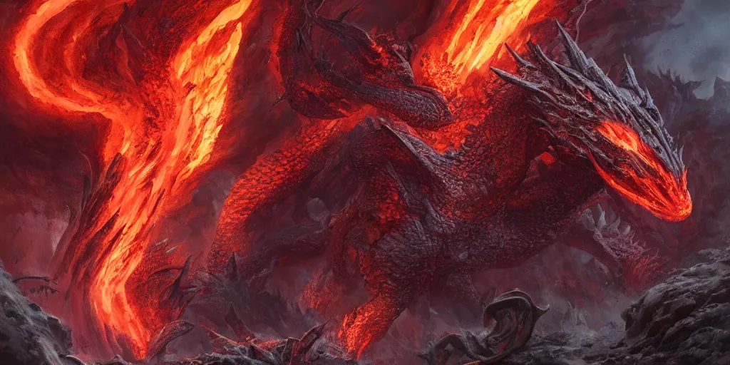 Image similar to Dragon made out of molten lava, character design sheet, Monster Hunter Illustrations art book, fumes, smoke, ashes, bright fire eyes, Moebius, Greg Rutkowski, Zabrocki, Karlkka, Jayison Devadas, Phuoc Quan, trending on Artstation, 8K, ultra wide angle, zenith view, pincushion lens effect.