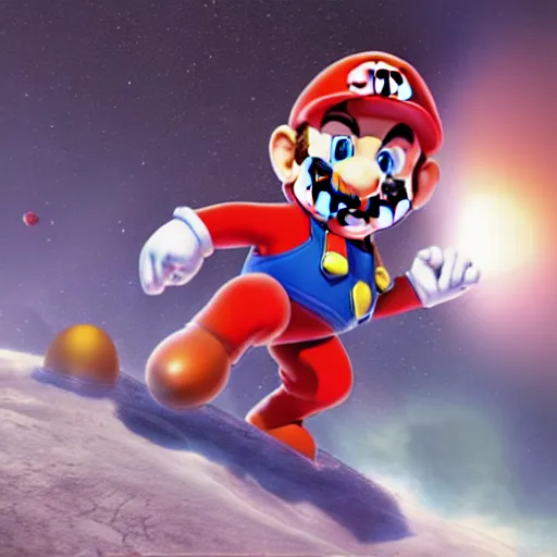 Image similar to A hyper real comic book style portait painting of Super Mario as an astronaut on the moon riding a horse, unreal 5, hyperrealistic, octane render, cosplay, RPG portrait, dynamic lighting